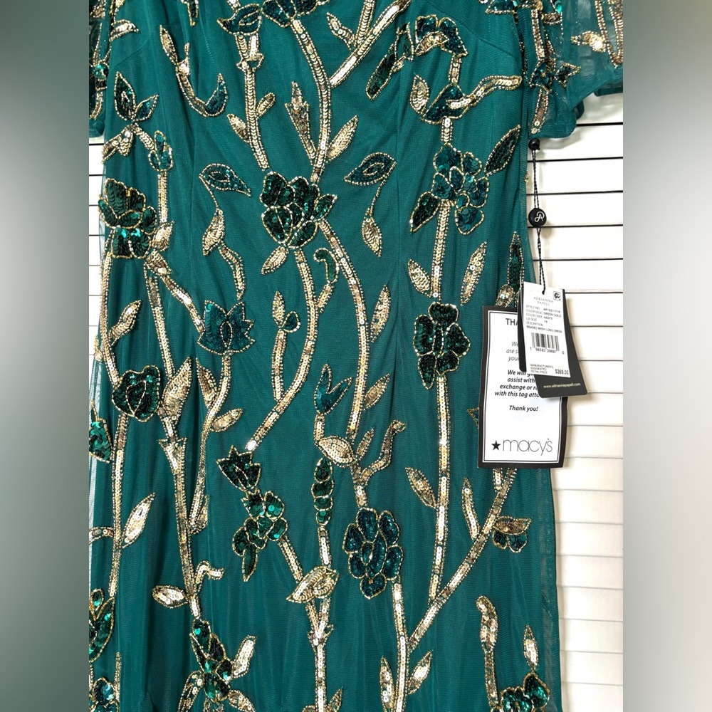 NWT Adrianna Papell Beaded Embellished Green & Gold Mesh Sequin Maxi Dress 10 - Picture 5 of 7